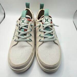 Hurley Women’s Canvas Mesh Lace-Up Sneakers Cream Teal Striped Comfort Shoes 8